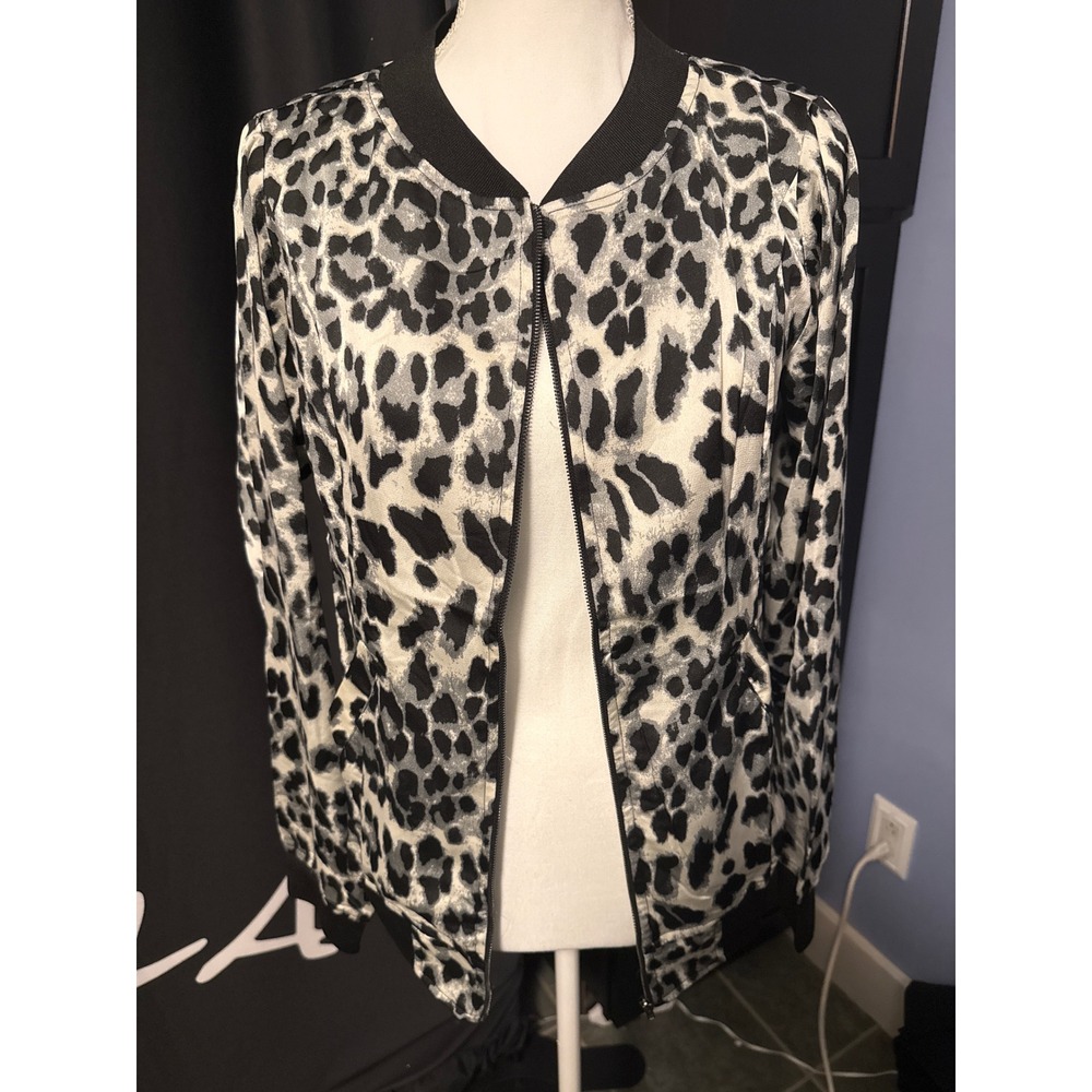 Mittoshop Womens Grey Leopard Print Zip Up Bomber Jacket Small NWT